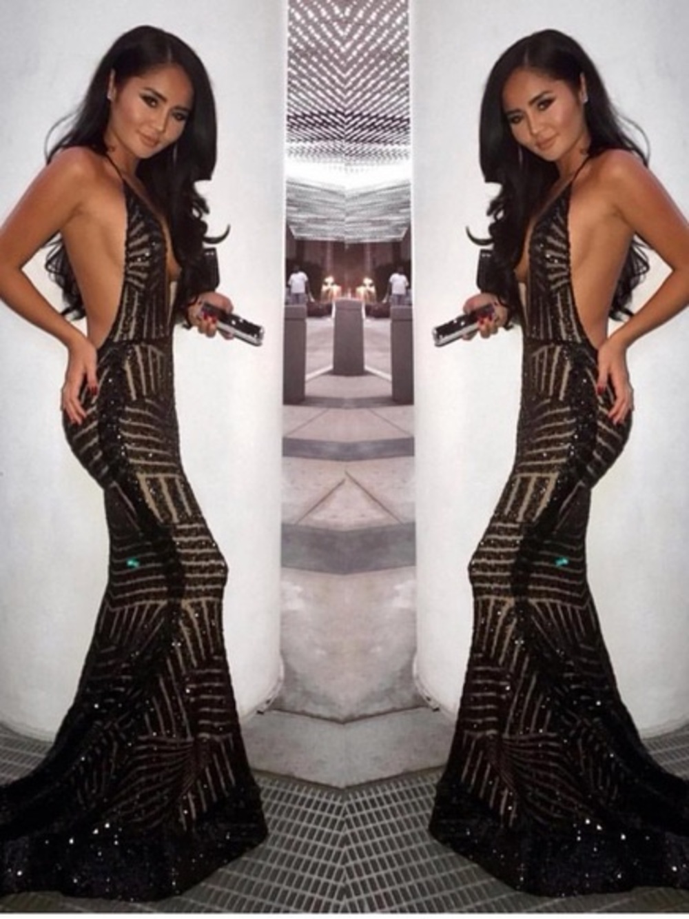 Michael Costello Glam Sequin Britney Gown in Black Sz XXS